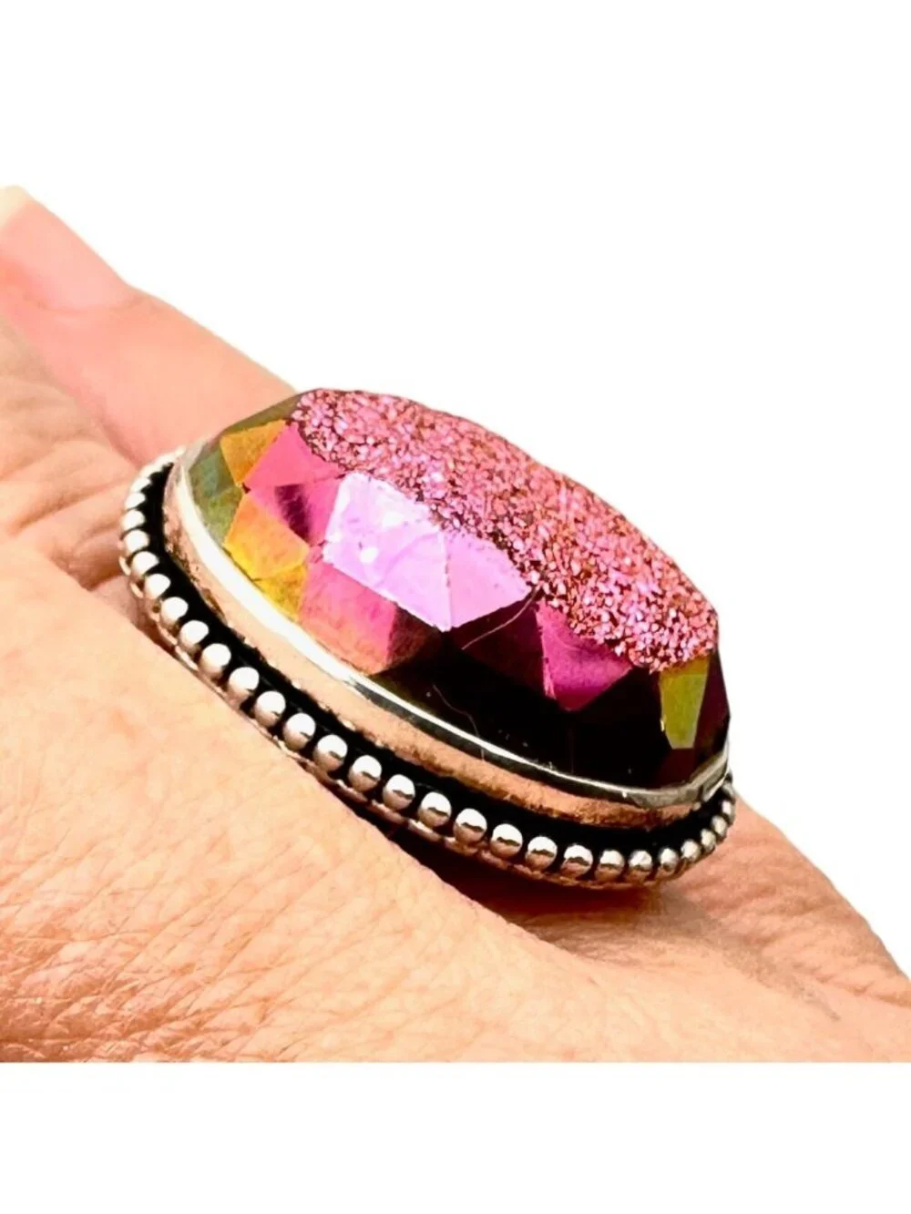 Colleen Lopez Womens Ring Sterling Silver Pink Drusy Quartz Adjustable Statement